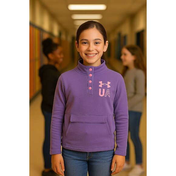 Under Armour Fleece Sweatshirt Girls' L Purple Pink Kangaroo Pocket Snaps Collar - Picture 3 of 16